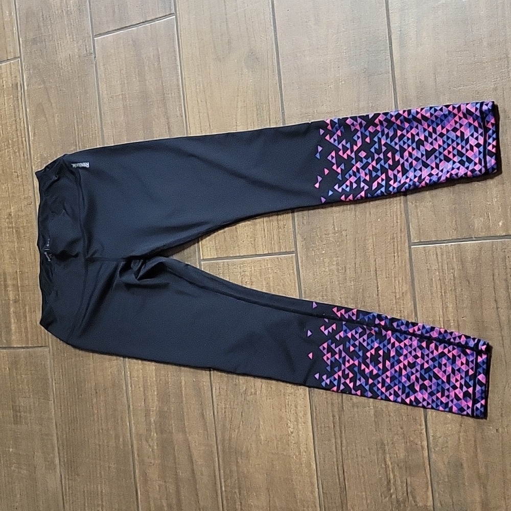Reebok black yoga pants pink blue purple geometric print hemline Medium EUC…